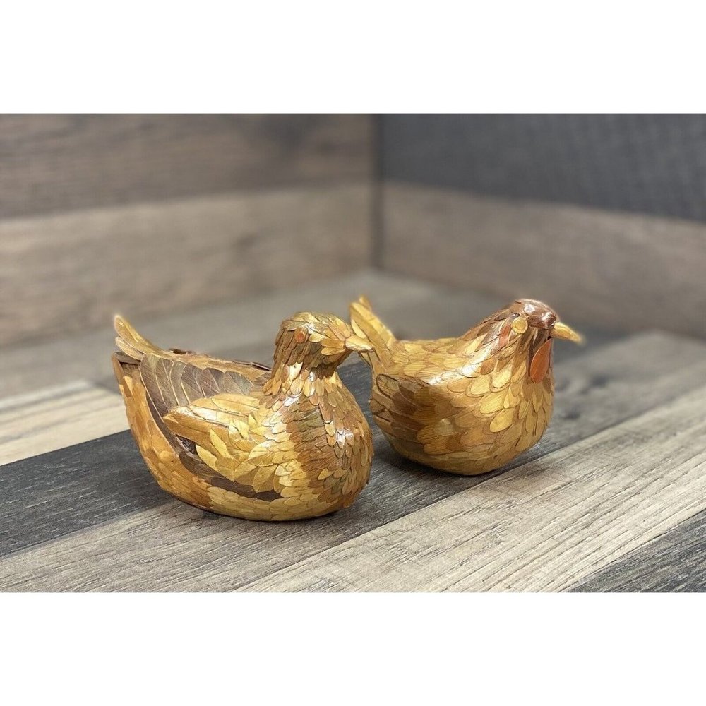 Pair of 2 Vintage Handmade Chinese Bamboo Bird Figurines ORIGINAL STICKERS 4.25"